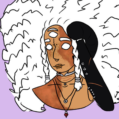 a cropped portrait of a horror with light brown skin, heavy burn scarring, long curly white hair, three white eyes, and jewelry